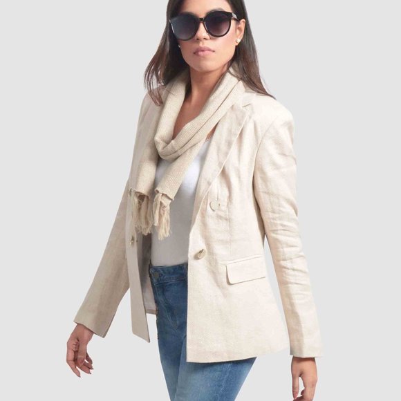 OLGYN Jackets & Blazers - OLGYN Women Double Breasted Off-White Linen Blazer